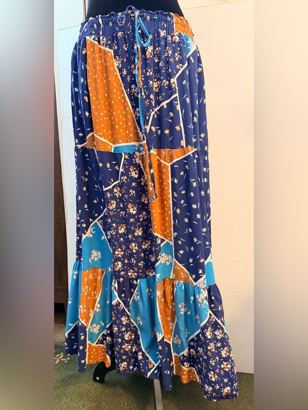 Boho 100% Rayon Patchwork Print Maxi Skirt - Blue, Orange, Teal Size XL